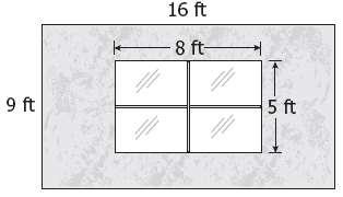 14. Bob wants to paint a rectangular wall that measures 16 feet by 9 feet. The wall contains a window with the dimensions shown.