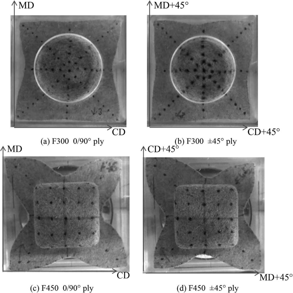 Fig. 7. Forming results of nonwoven fabric. Hemispherical preforming with blank-holder pressure 0.01 MPa for (a) and (b); Square box preforming with blank-holder pressure 0.2 MPa for (c) and (d).