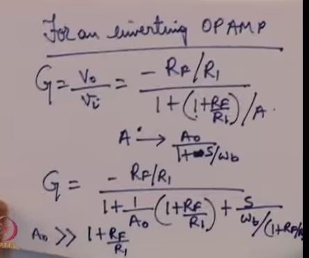 So the expression will be so for an inverting opamp we saw that our gain which is = V0 upon Vi is given by - Rf upon R1 upon 1 + upon 1 + Rf 1 + 1 + Rf upon R1 upon A now substituting A = the