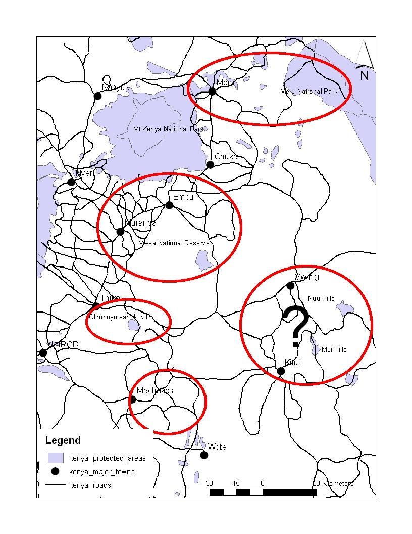 Figure 1.0: Map of the study area showing the 5 known populations of the Hinde s Babbler.