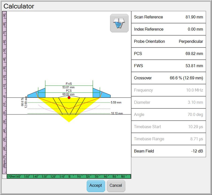 Figure 3: UltraVision Touch Onboard TOFD Calculator with Visual Feedback UltraVision Touch also offers all the required analysis tools, directly from the TOPAZ 32 screen.