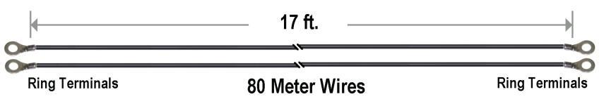 Cut one of the 75 foot antenna wire rolls so you have 4 pieces of antenna wire 17 feet long each. 4. On two of the wires, solder one ring terminal to each end of the wires as shown.