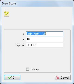 Next you will need to indicate where in the room you want the score to be drawn in the room (x and y) and what text you want to appear before the score is outputted.