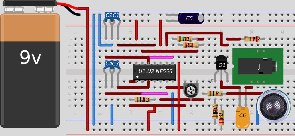 Figure 15. The breadboard of the transmitter The design of PCB, Breadboard can be downloaded from the following link http://www.trefort.elte.hu/fizika/ultrasounds_all.
