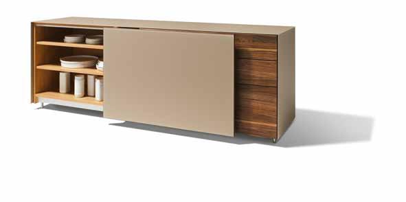 right: cubus pure highboard 8, wood type walnut, matt steel glass cubus pure A three-sided cover made of 4 mm thick coloured glass highlights the top-quality wood and coloured glass fronts in cubus
