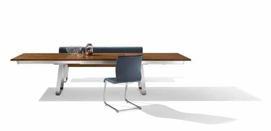 above: nox extendable table, 225 100 + 120 cm, wood type wild walnut, palladium frame nox bench with backrest, 225 cm,