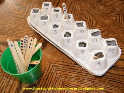 4. Egg Carton Counting- Flip the egg carton upside down and cut holes into the bottom of each section and number them 1 to 12.