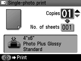 3 Select the photo to print. (1) Use the buttons to select the photo to print. (2) Press the Print button. The print confirmation screen is displayed.