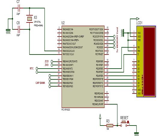 Fig 4. Connection of PIC with MMC and LCD MICROCONTROLLER ALGORITHM SCHEME A. ALGORITHM FOR CONTROL SCHEME Step 1- Set the user define lower and upper power factor (LPF & UPF).