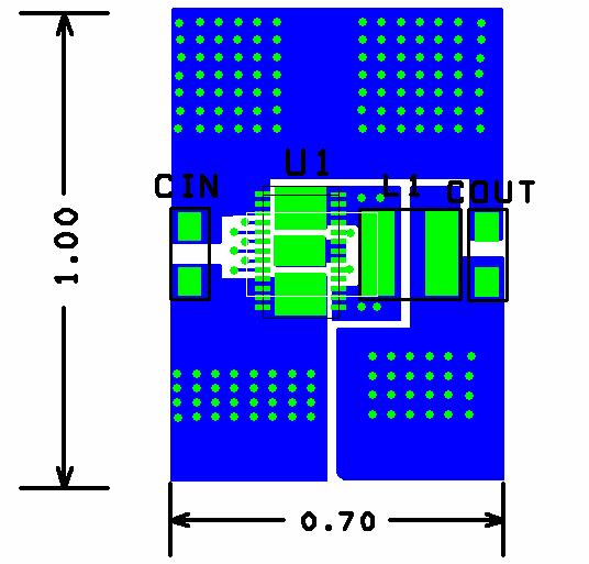 The larger layout shown in Figure 5 has an improved thermal resistance of θ ja = 36 C/W. This layout also uses 6 vias per pad onto 3 other PCB planes.
