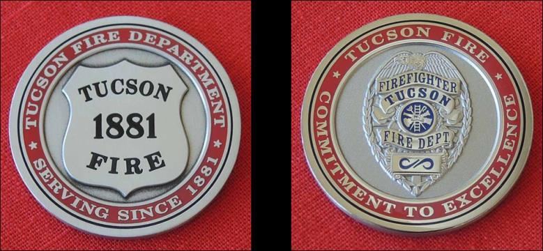 TFD Memorial Badge Coin TFD Memorial Badge In 2016 the TFD authorized the Tucson Fire Department Memorial Badge to honor firefighters who have died in the line of duty.