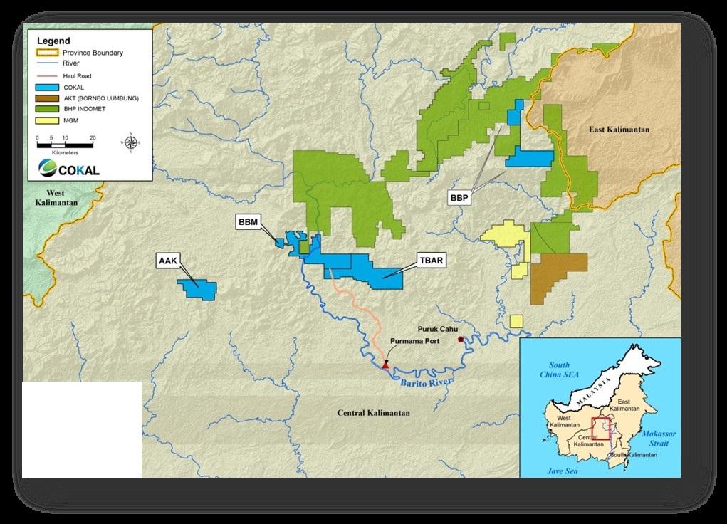 Locality Plan of the Central Kalimantan Coal Projects on the Island of Kalimantan - Cokal s Coal concession areas are shown in blue CORPORATE SOCIAL RESPONSIBILITY Cokal has continued with the