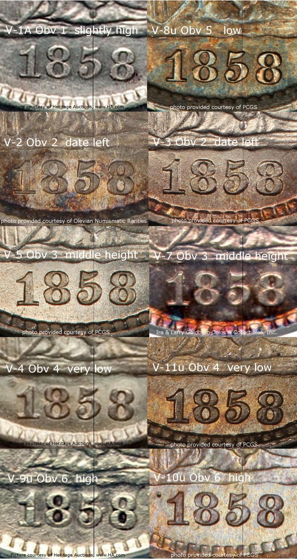 Obverse Date Positions photo array (zoom in high resolution) Obverses 1 and 5 are in 1 die marriage each. Obverses 2, 3, 4, and 6 are in 2 die marriages each.