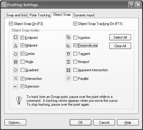 5 Object Snap tab on Drafting Settings dialog 6. Using the Line command, move your cursor to the lower-left portion of the diagonal line. (Figure 2-2.6) 7.