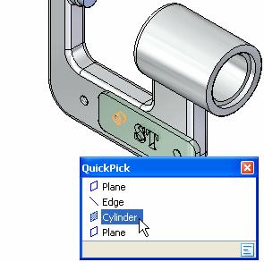 Lesson 2 Introduction to creating assemblies Select the cylindrical face to align Use QuickPick to select the cylindrical face shown in the illustration.