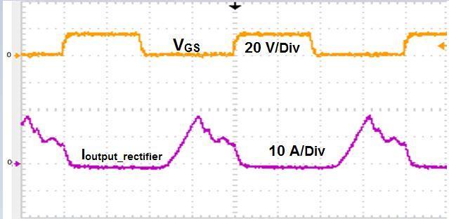 4 Main switch gate signal Vgs, clamp capacitor Vc, and current through tertiary winding IDreg of the flyback converter with regenerative passive snubber when Vin=72 V, Vout=12 V, Pout=72 W ( Vgs :
