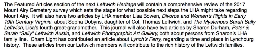 Annual HERITAGE Publication is Coming Soon LHA BOARD MEMBERS CONTACT INFO Nancy Nation Jay President - nnjay@hotmail.com William (Bill) Leftwich 1st Vice-President - wsl521@swbell.