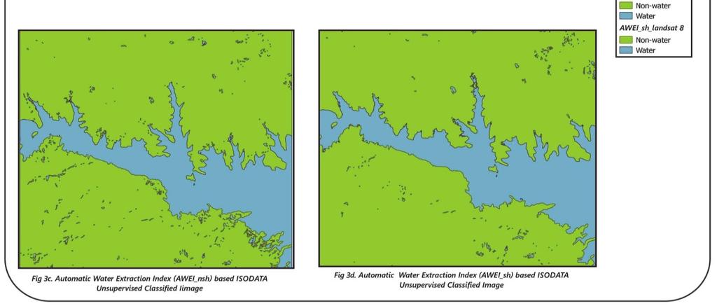 There was overestimation of water bodies by the NDWI and AWEI_sh because of mixed classification of non-water features. Figure 3.
