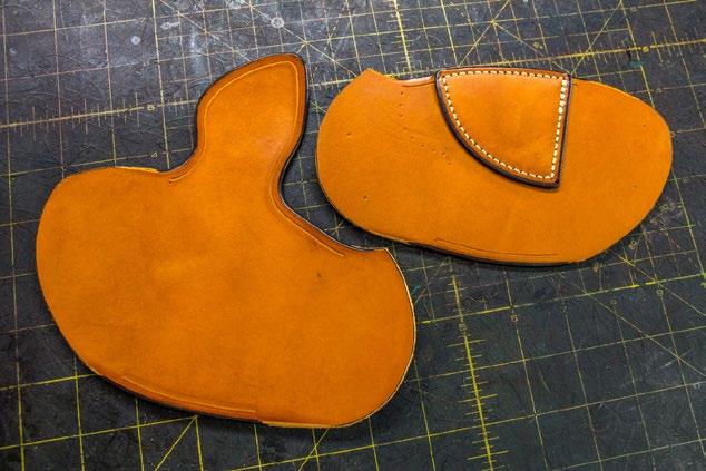 15. Sew the reinforcement piece onto the body of the holster. (Note: the example photo is from a different holster for better photographic clarity) 23.