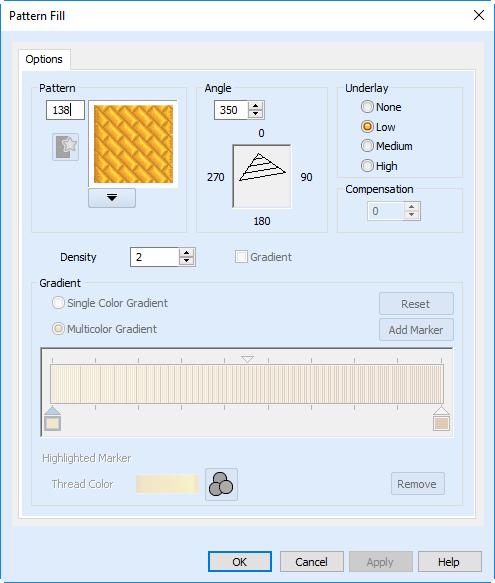 Pattern Fill Options Use the Pattern Fill options to select the fill pattern, fill density, stitch angle and underlay type.