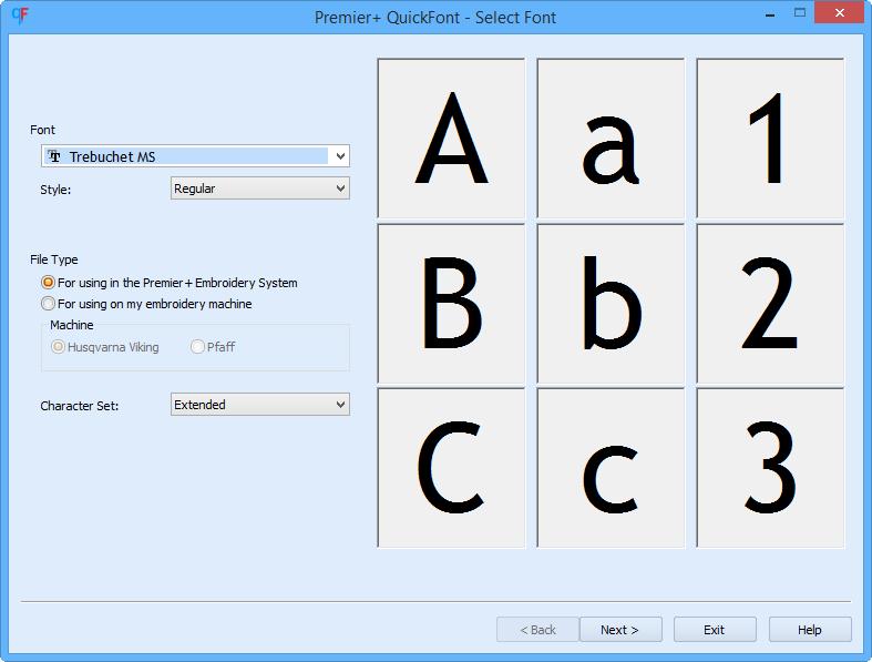 Create a Pattern Fill Font 1 In PREMIER+ 2 Embroidery, click the Letter tab, and in Font Manager click the QuickFont Wizard icon.