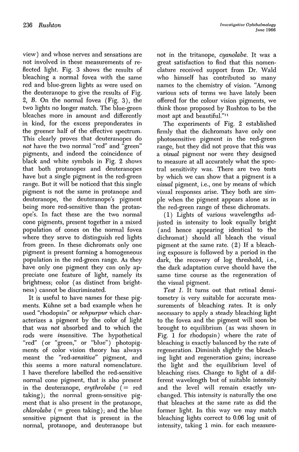 236 Rushton Investigative Ophthalmology June 1966 view) and whose nerves and sensations are not involved in these measurements of reflected light. Fig.