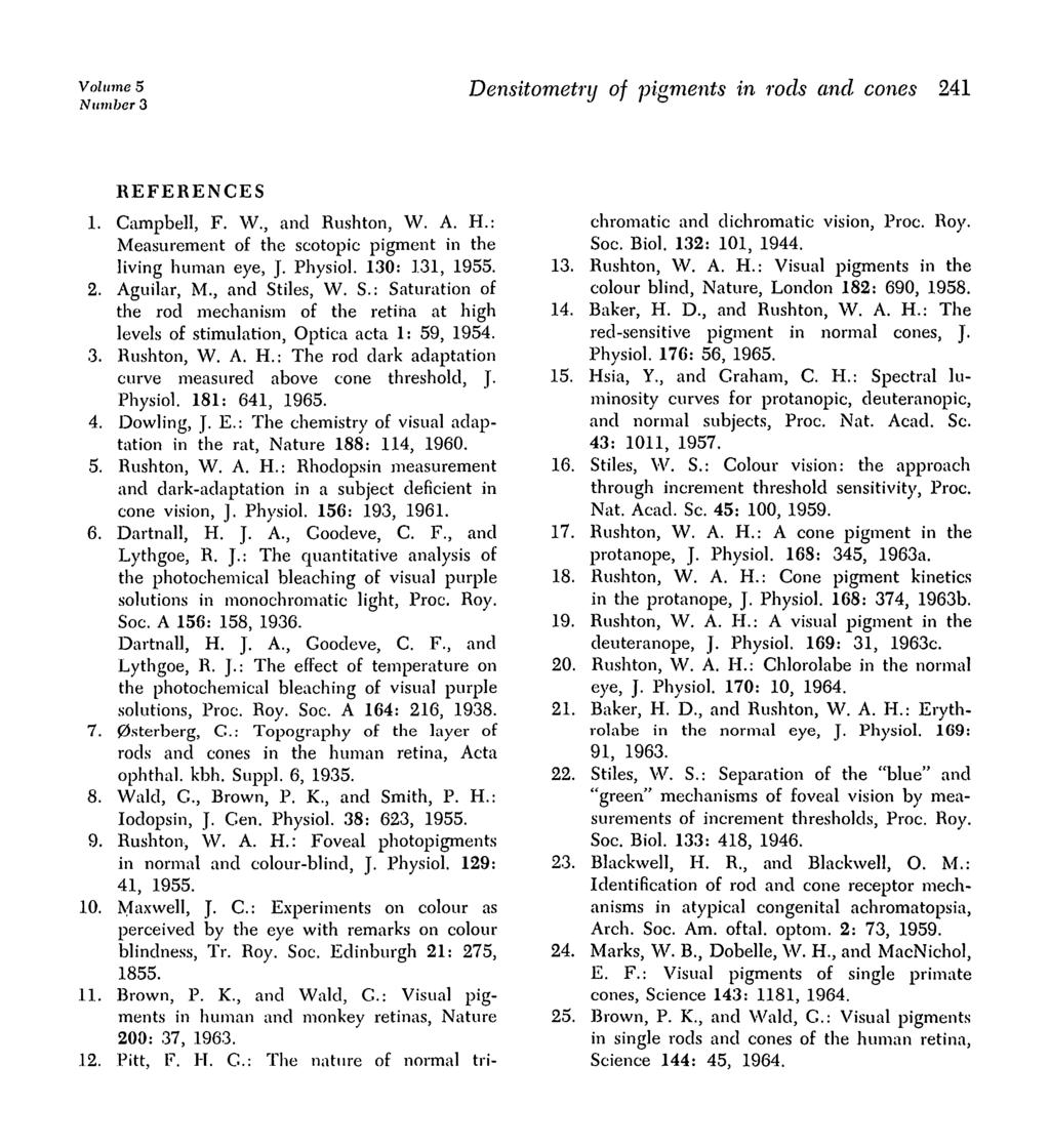 Volume 5 Number 3 Densitometry of pigments in rods and, cones 241 REFERENCES 1. Campbell, F. W., and Rushton, W. A. H.: Measurement of the scotopic pigment in the living human eye, J. Physiol.