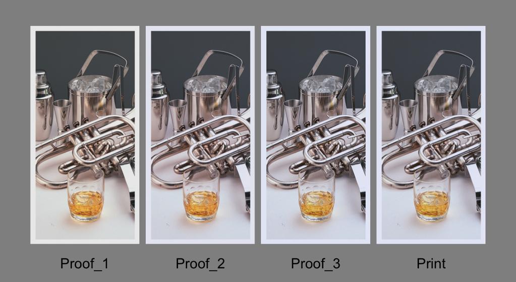 Visual simulation of proofs and print Figure 6 simulates the appearance of the three proofs and the reference print with the color management procedure, first demonstrated by Don Hutcheson at the