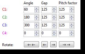 With these input fields you can individually for every servo (C1 to C4) set an Angle, the Gap between the pivot point and the rotor shaft and the collective Pitch factor, which the servo channel