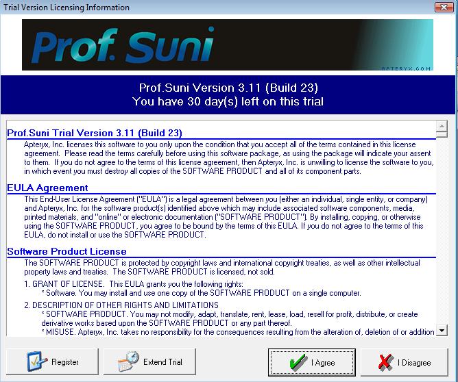 I: Licensing/Registration After launching ProfSuni from the icon onto your desktop, you will see the following: Trial Version Licensing Information screen.