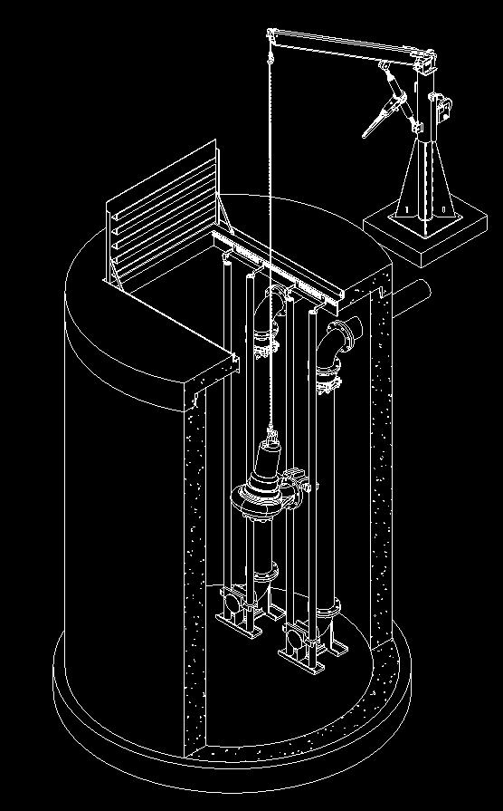 Figure 21: Pump is lowered onto base elbow via guide rails. STEPS FOR FIGURE 21 1. Lower pumps down guide rails onto base elbows.