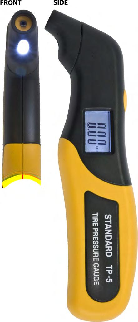 Yellow push button turns on/off and units selected Measures tire pressures of 5 to 100 pounds per square inch (PSI) Easy to