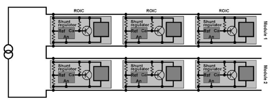 One shunt regulator + transistor per module + no matching issue - no redundany - needs