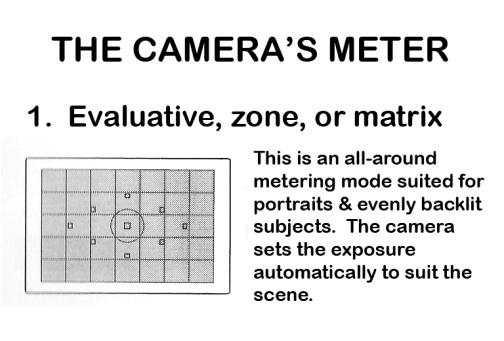 1. The evaluative meter, also called a zone or matrix is the default meter in many cameras.