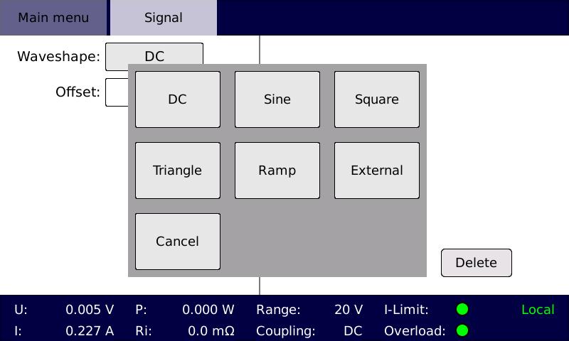 The built in oscillator unit supplies several standard functions: DC signal, Sine wave Rectangular wave Triangular wave Ramp (amplitude sweep) User defined