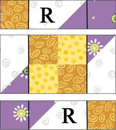 8. Sew a center row between 2 top/bottom rows to complete (1) 6 1/2" x 6 1/2" Ladder block. Press seams toward the center row. Repeat to make 12 blocks. Ladder Block Make 12 9.
