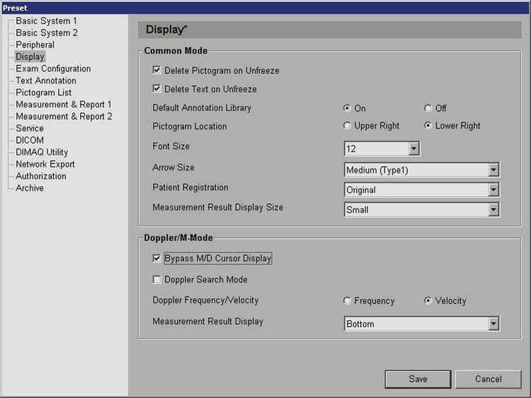 Setting Up Your System Display Menu Specify the automatic responses when the system is frozen or unfrozen and establish Doppler and M-mode imaging settings.
