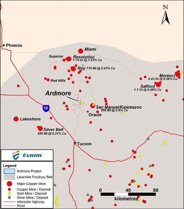 Ardmore Project for Option Consists of 9km 2 of contiguous mineral claims in Pinal County, Arizona 60km north of Tucson 30km north of Oracle The property lies within an ENE mineralizing trend which