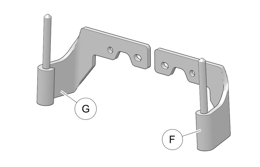 Locate the following parts included in the FRONT DOOR KIT: Lower LH chassis-side hinge F and lower RH chassis-side hinge G Four M8 X 1.
