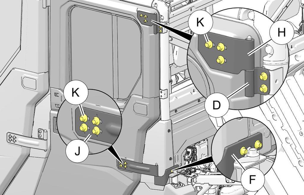With upper and lower chassis-side hinge screws still slightly loose, close door. Push door inwards while centering door in ROPS/ chassis opening.
