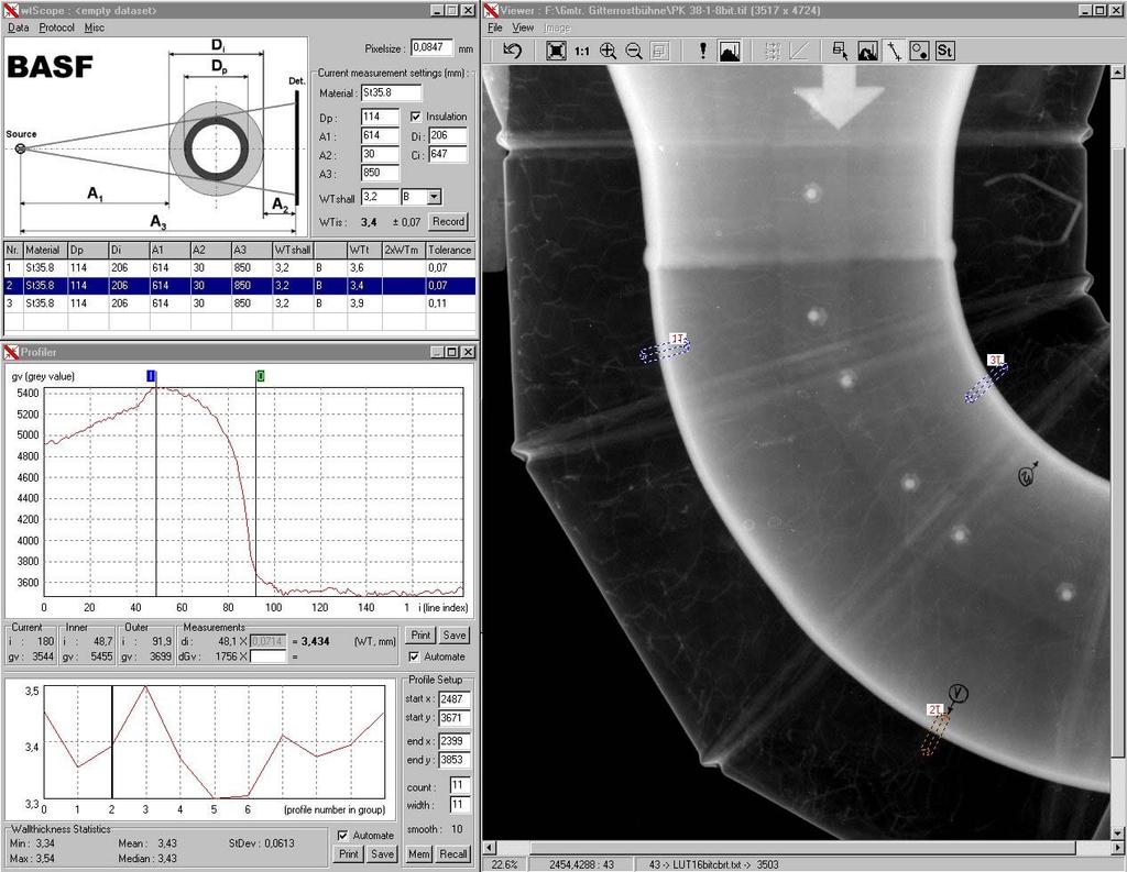 Projection Radiography PC based wall thickness measurement input exposure parameters wall thickness result