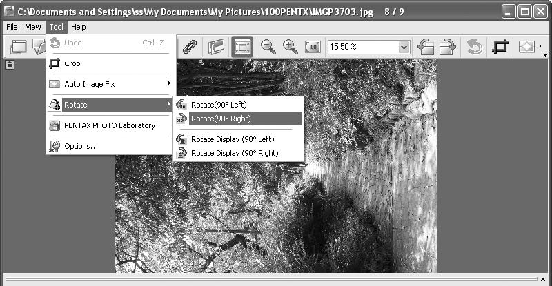 44 To save the rotated image, use [Rotate] on the [Tool] menu. (p.44) Saving a Rotated Image Data of the displayed image is rotated 90 left or right and saved.
