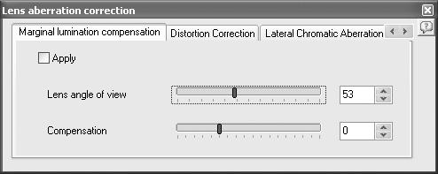 Setting the Lens Aberration Correction Set using the Lens aberration correction panel. 89 [Marginal lumination compensation] tab Adjusts marginal lumination of the image.