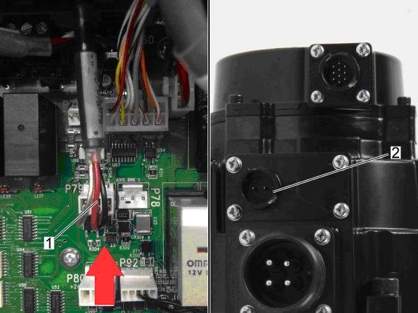 Motor Brake Corrective Action: Reseat the the connection for connectors. Classic Haas Control P79 or P78 [1]; Next Generation Control P3, P4, or P5 on the I/O PCB.