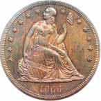 R-6. Seated Dollar Die Trial. Regular With Motto Seated Dollar design, struck in copper with a reeded edge. Beautiful proof surfaces with orangered and brown mixed with iridescent lavender hues.