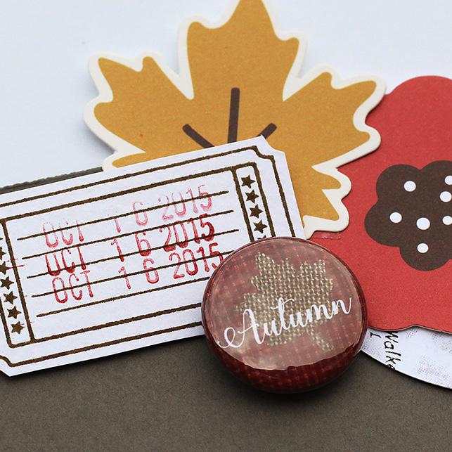 Embellish with kit exclusive Autumn flair and yellow enamel dots. 0 Trim the ticket from the exclusive kit printables. Adhere vertically in upper left,.5 from top edge and 3.
