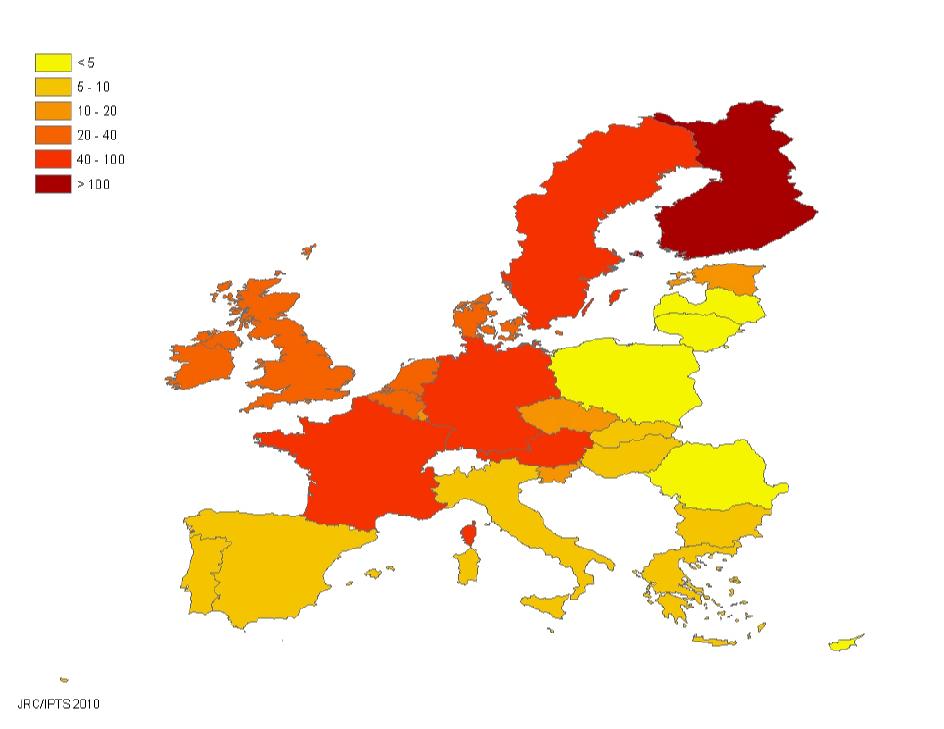 Figure 11: Map I Ratio of ICT priority patent applications on million inhabitants, by EU Member State, 2007 Source: JRC-IPTS calculations based on IMF data on population, and on the PATSTAT database