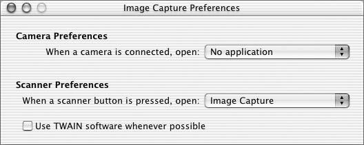 The Image Capture dialog will be displayed. Select Preferences from the Image Capture menu to display the Image Capture Preferences dialog.