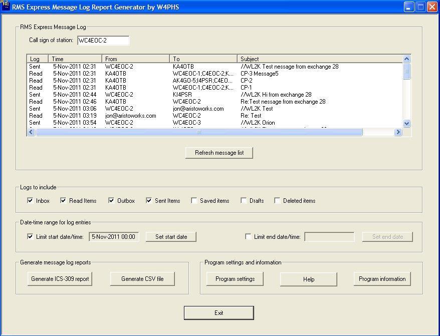 RMSMessageLog ICS-309 Generator Messages during period Select