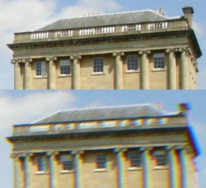 Chromatic Aberrations On top is corner detail in a photograph taken with a higher quality lens; bo:om is a similar photograph taken with a wide angle